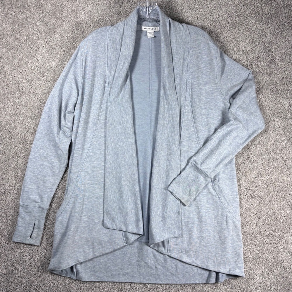 Athleta Women's Medium Gray Open Front Cardigan Thumb‎ Hole Cozy Sweater - READ